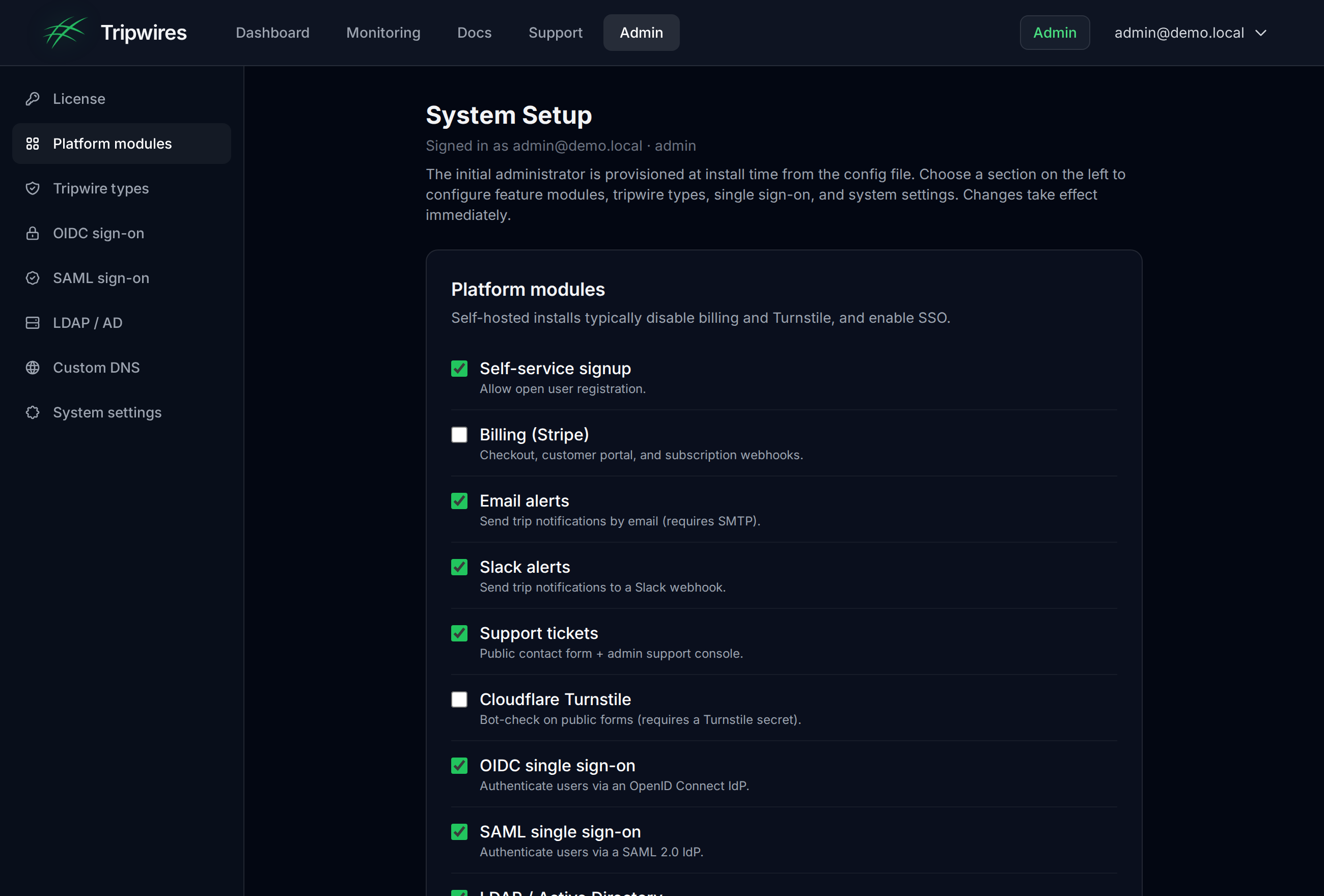 The System Setup admin screen: platform modules, tripwire-type toggles, SSO, and system settings